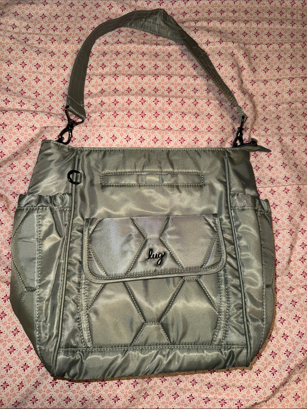 Lug Toss Tote Bag Sage Green Quilted Travel Organizer Shoulder Bag EUC